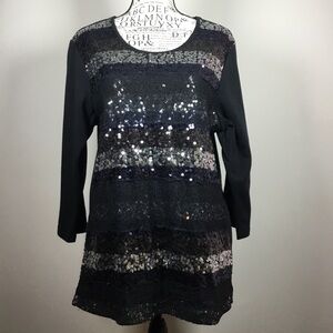 Quaker Factory sequin and lace 3/4 sleeve black top size M party night out